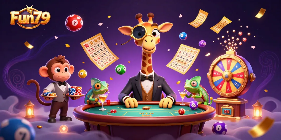 Join Fun79's thrilling gaming world with vibrant lottery balls, an excited giraffe, and creative cocktails!