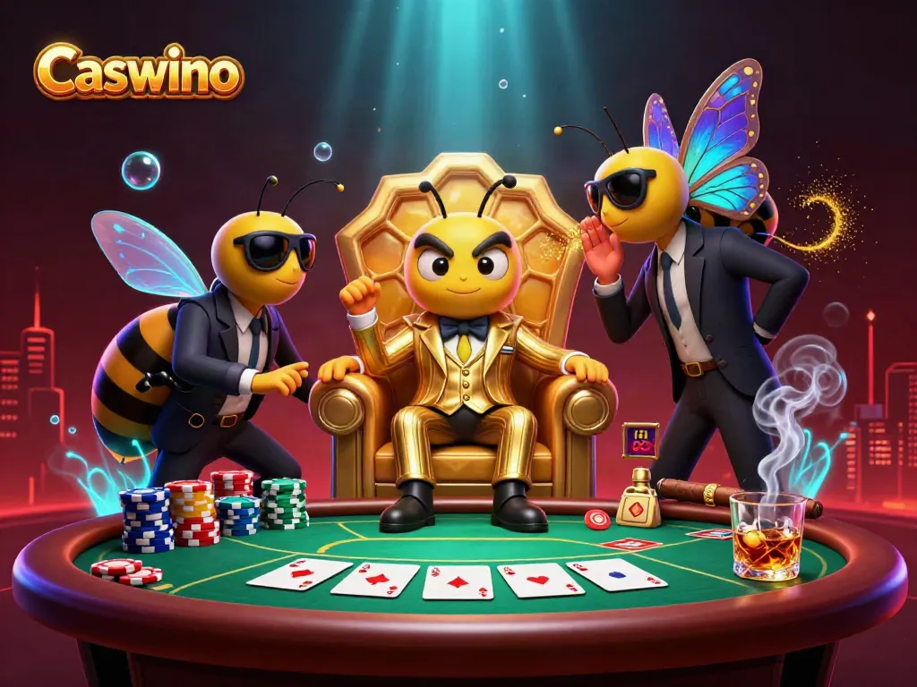 Experience the excitement of Caswino with vibrant 3D casino characters and poker gameplay elements in a dynamic scene.