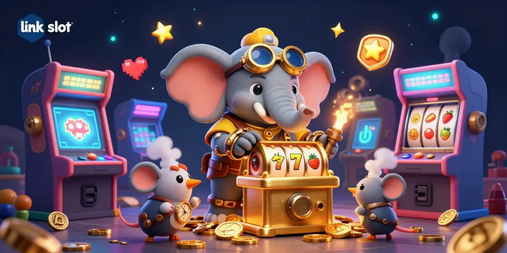 Serunya bermain link slot dengan mesin slot bergaya kartun penuh warna yang dikelilingi elemen permainan 3D.
