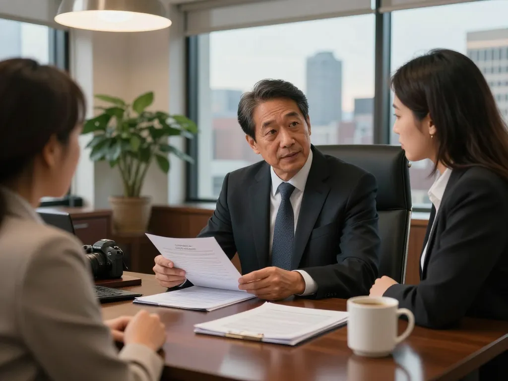 New York City Personal Injury Lawyer consulting with a client in a professional office setting.