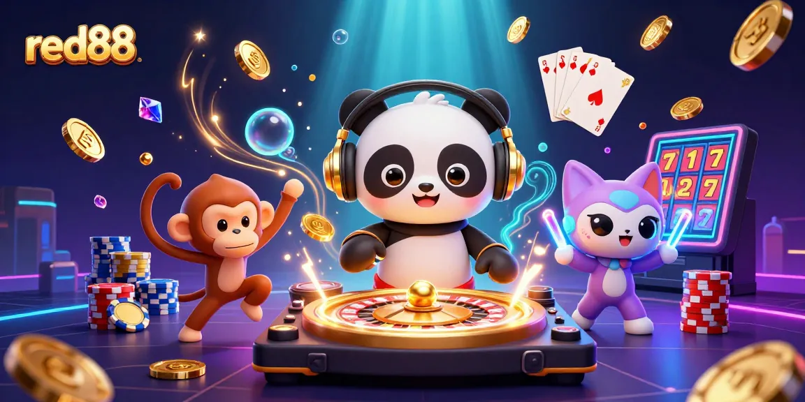 Experience the vibrant energy of red88 with animated casino characters spinning, dancing, and showering coins.