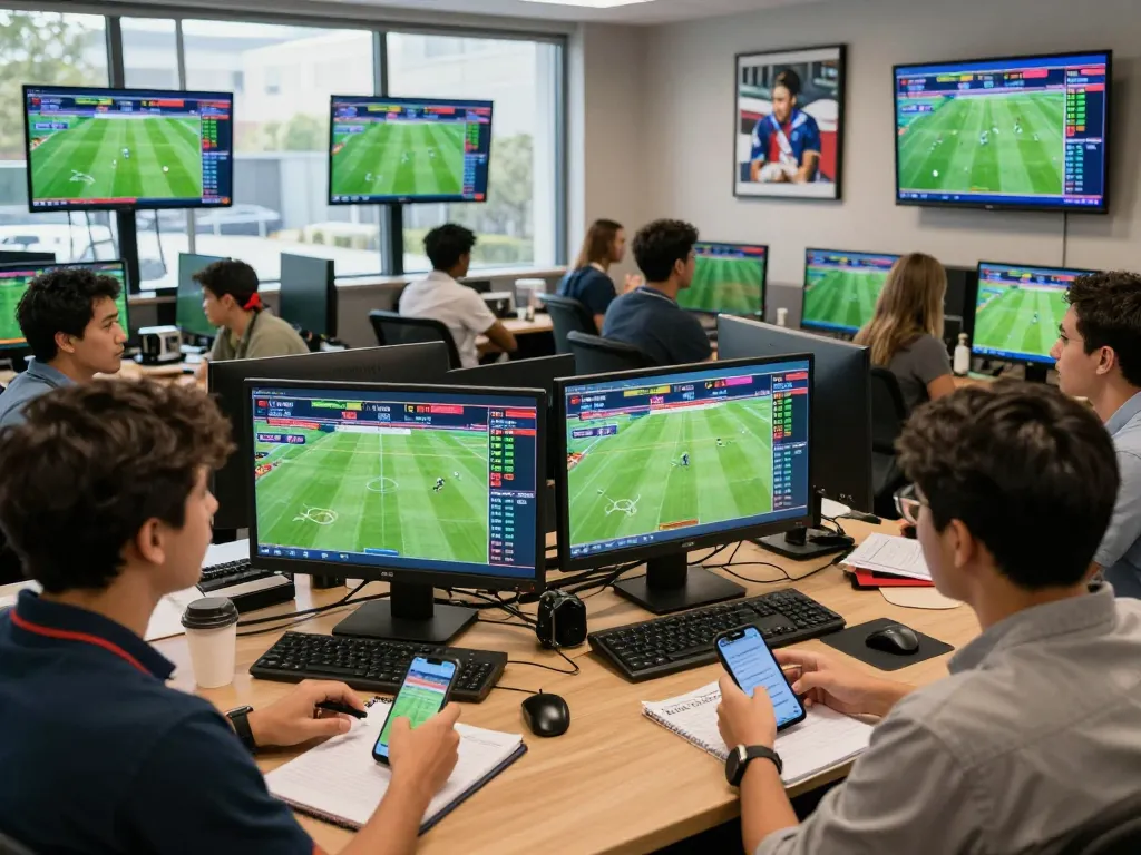 Analyzing kèo nhà cái in a lively sports betting environment with diverse bettors and multiple screens displaying live odds.