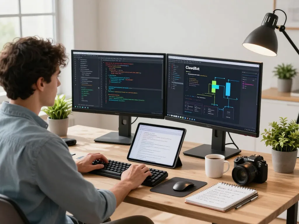 Developer using Clawdbot in modern workspace with dual monitors and coding elements.