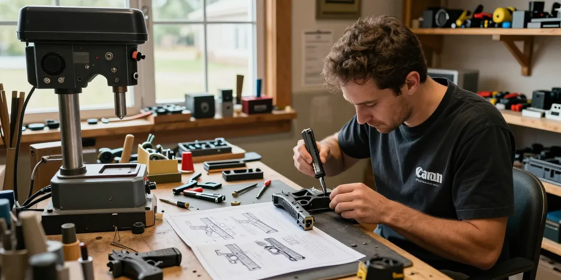 Glock customization at https://precisionglockslides.com with skilled gunsmith fitting precision slides, workshop atmosphere, detailed tools, and blueprints.