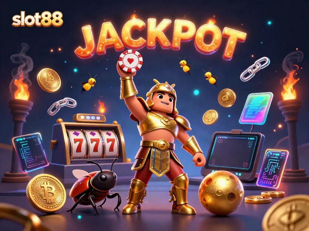 Engage with slot88's vibrant casino atmosphere featuring beetle characters celebrating a jackpot.