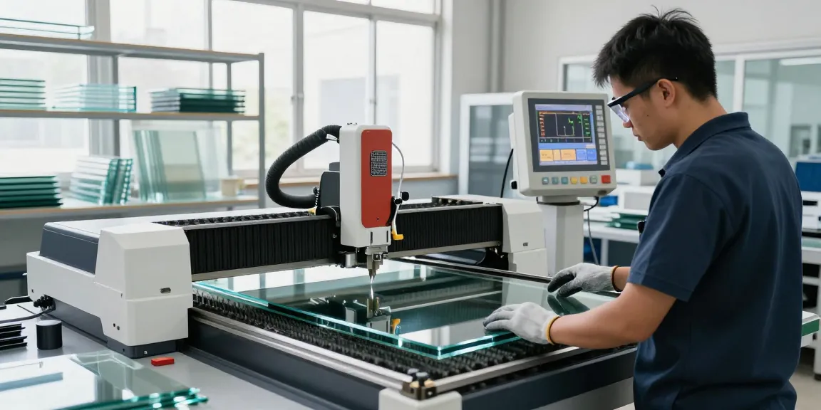 CNC glass cutting machine in action, showcasing precision and advanced technology in glass processing.