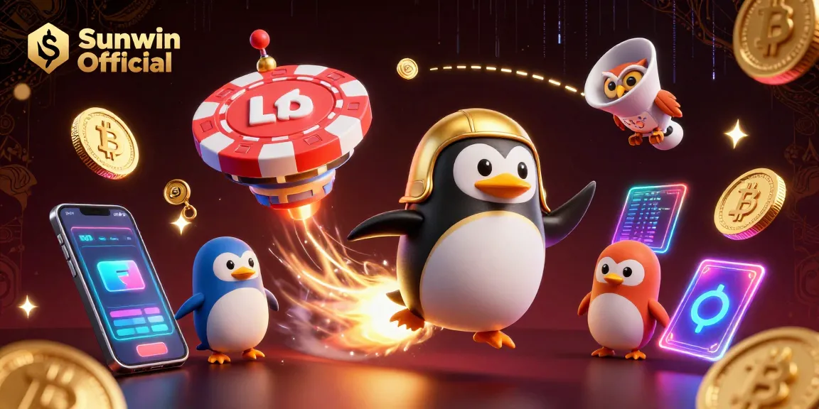 Engage with Sunwin Official as a golden penguin soars toward a casino space station amidst glowing cryptocurrency elements.