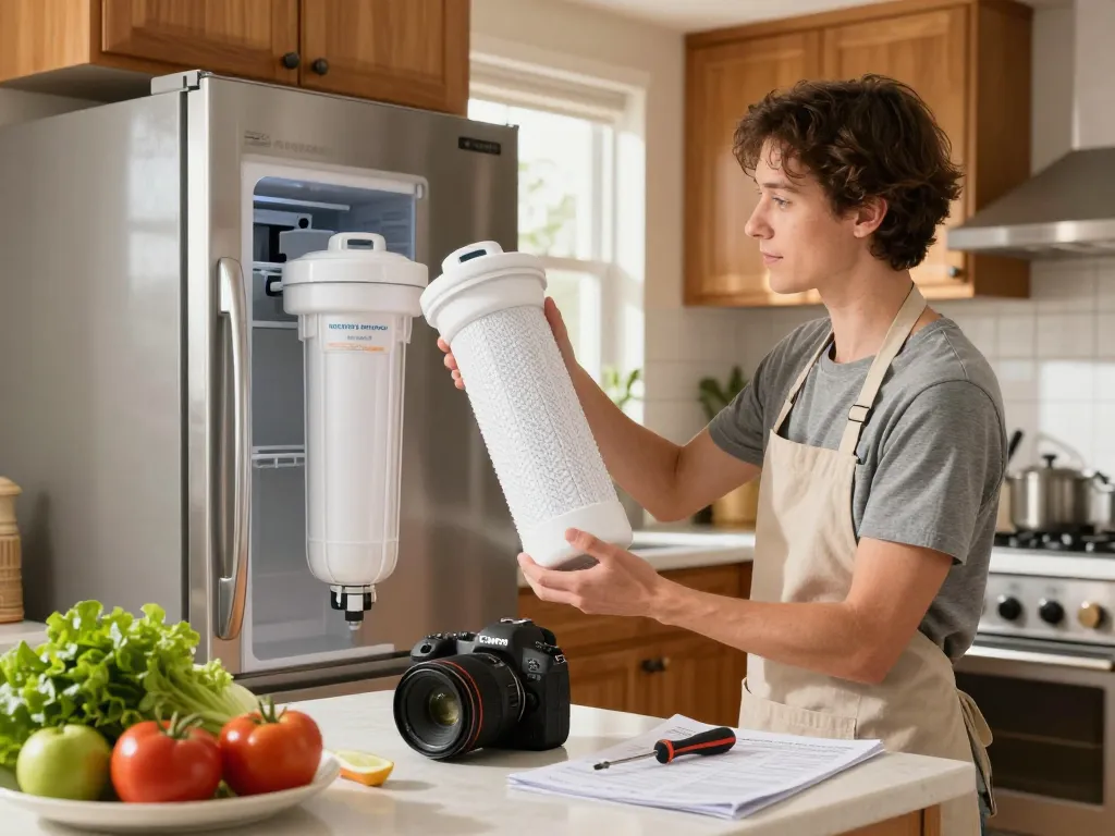 Person installing Waterdrop BORPLFTR50 Replacement for Bosch® Ultra Clarity® Pro 11032531 in a modern kitchen with fresh vegetables.