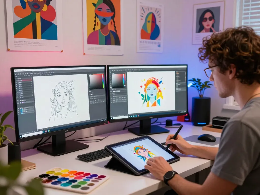 Creative artist generating NSFW AI images in a vibrant digital studio.