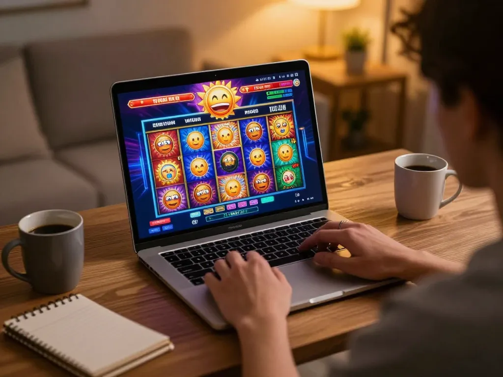 Engaging gameplay on sun win online casino, player's laptop displaying vibrant slot games.