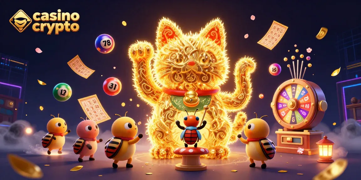 Jouez sur casino crypto avec un chat chanceux animé entouré de balles de loterie colorées.