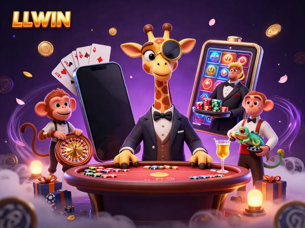 Engaging scene featuring LLWIN's vibrant casino atmosphere with a giraffe, monkey, and chameleon