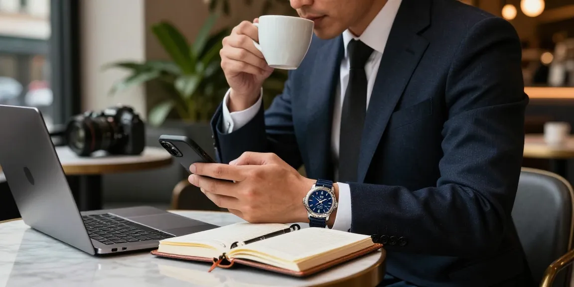 Man wearing a replica watch at a café, showcasing luxury lifestyle.