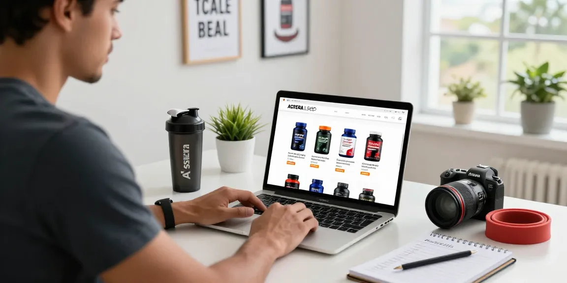 Browsing Astera Shop for steroids in a bright home office setting with fitness accessories.