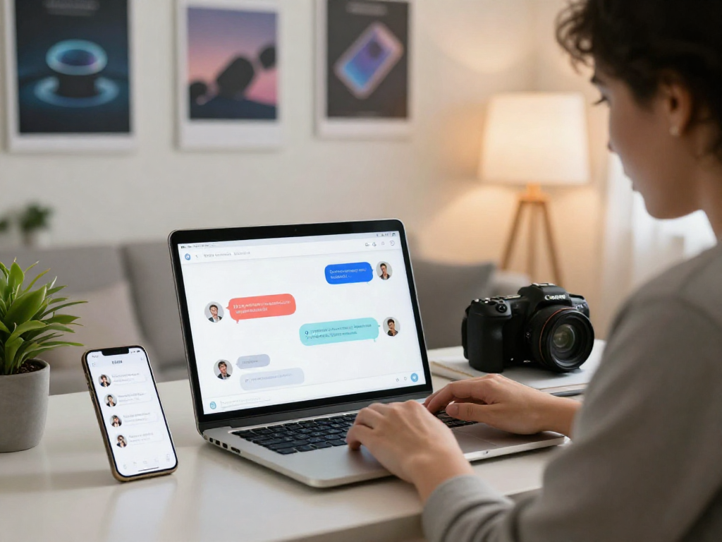 Engaging interaction with porn chat AI on a laptop in a modern home office.