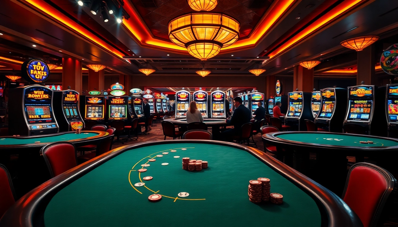 Engaging atmosphere of a Non gamstop casino with players at a poker table and vibrant slot machines.
