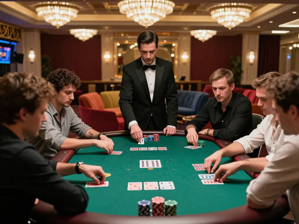 Players engaging in an intense poker game at a luxurious casino, showcasing strategic gameplay with lc888.