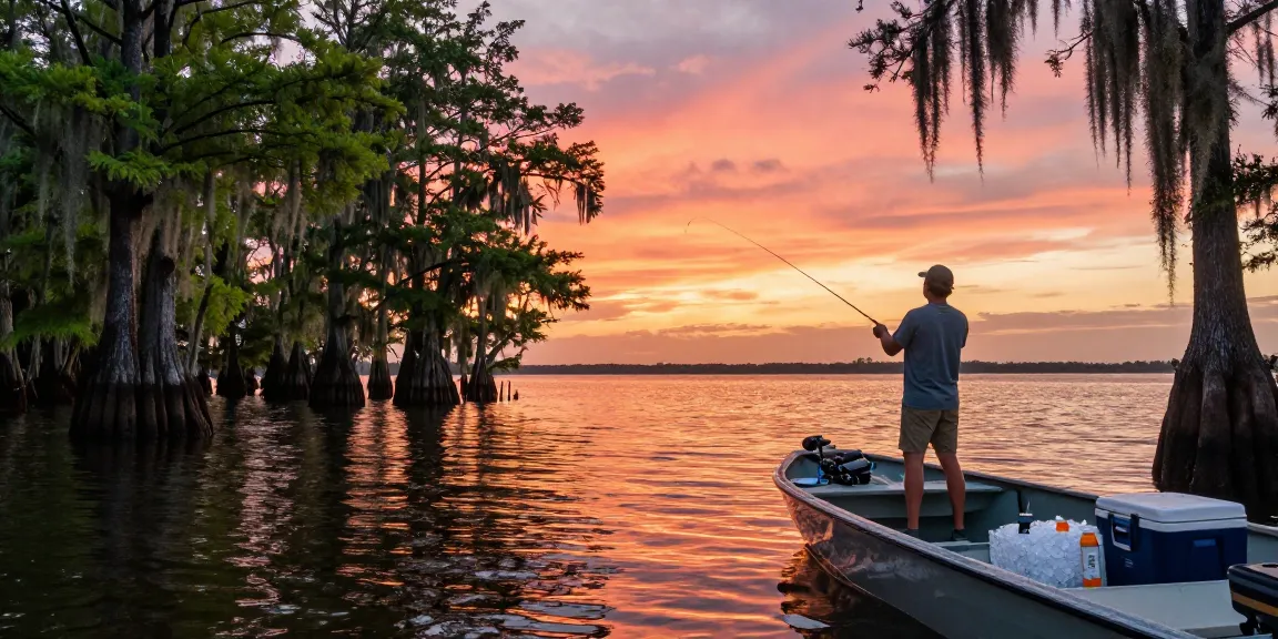 Fishing scene capturing an angler on a boat in the bayou reds, showcasing serene sunset reflections and southern wildlife.