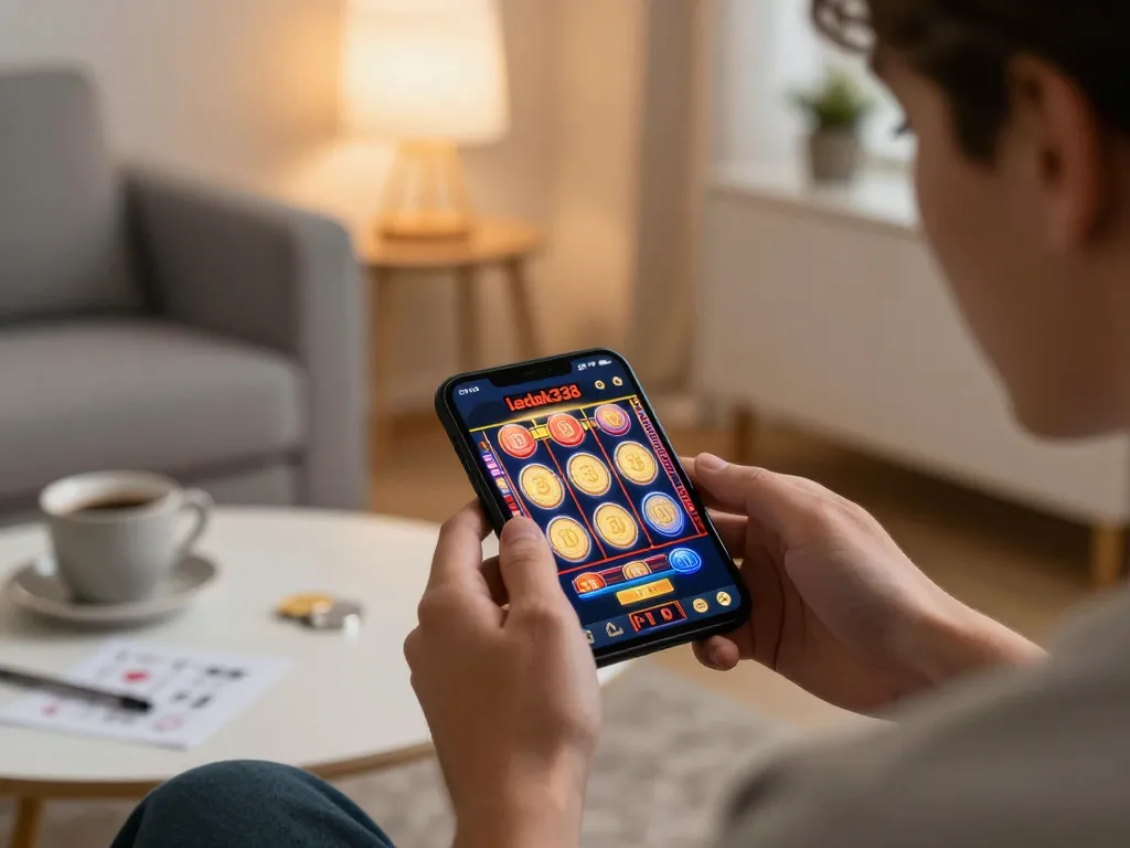 Player winning on the ledak338 casino app, engaging in mobile gaming from a cozy home setting.