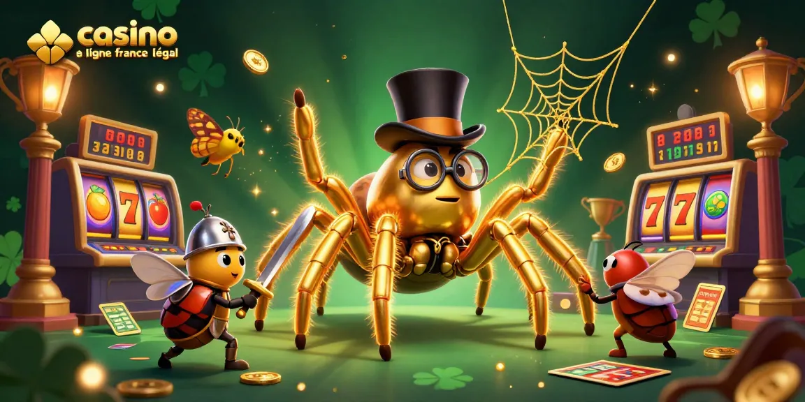 Capturant l'esprit du jeu, cette illustration illustre le casino en ligne France légal, avec une tarentule dorée et un insecte chevalier.