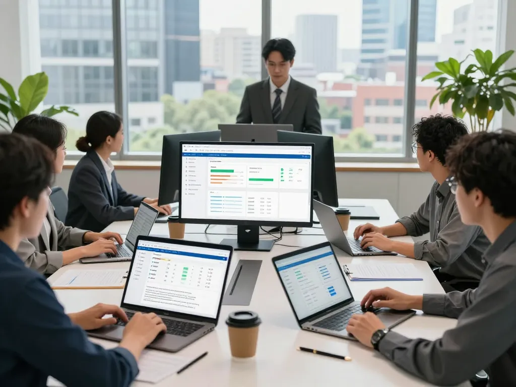 Engaged team using group buy SEO tools to enhance marketing strategies in a modern office.