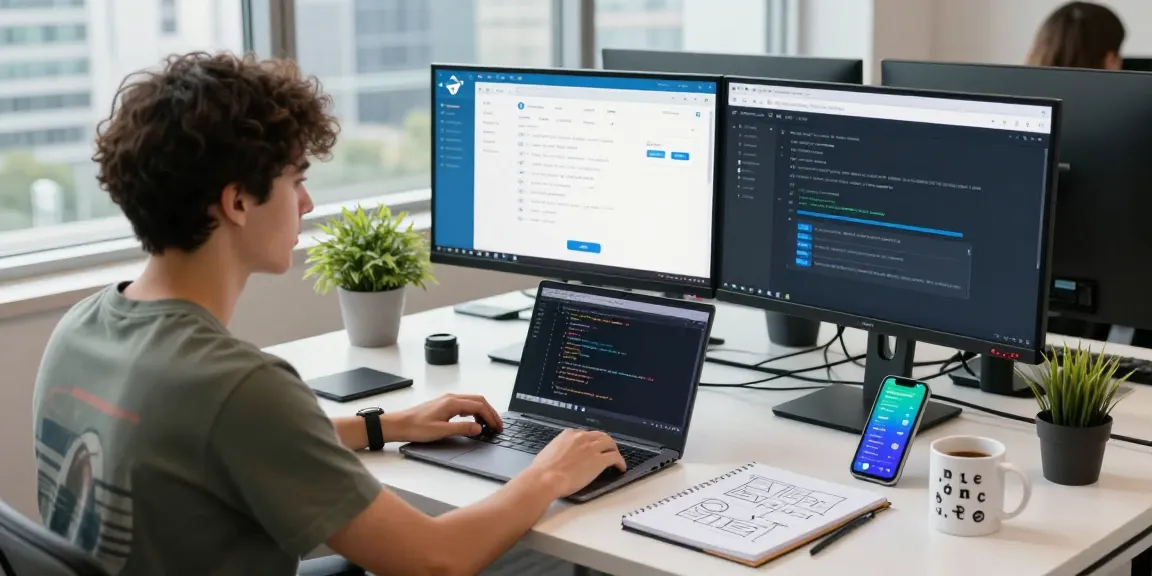 Developer in a modern tech workspace exploring telegram china safe download with dual monitors and VPN settings