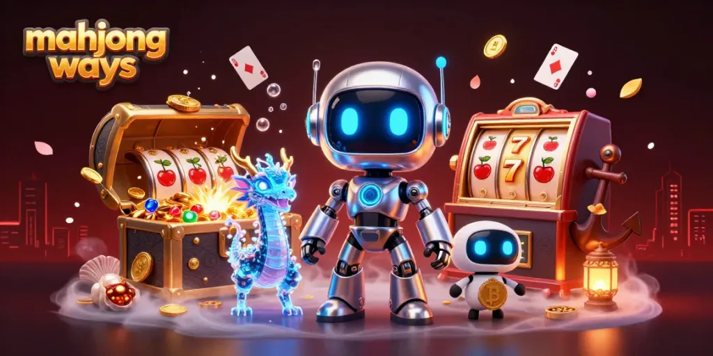 Engage in thrilling mahjong ways with a vibrant cyberpunk theme featuring neon robots, gold coins, and casino elements.