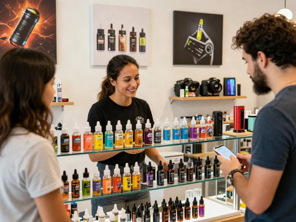 Engaging vape shop scene featuring Alt Zero E-Liquid bottles with a friendly shopkeeper assisting a customer.