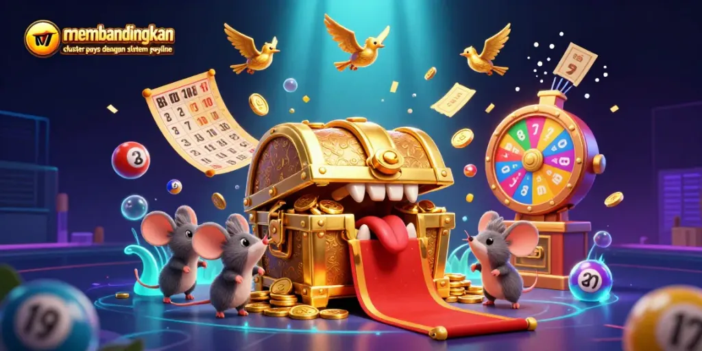 Menampilkan ilustrasi 3D tentang membandingkan cluster pays dengan sistem payline, meriah dengan elemen kasino.