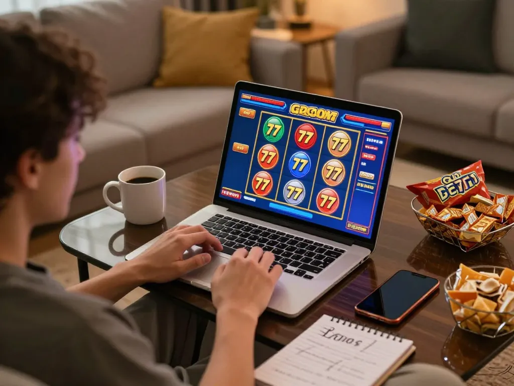 Engaged player enjoying slot gacor 777 gameplay on laptop in cozy home setting, emphasizing responsible gaming.