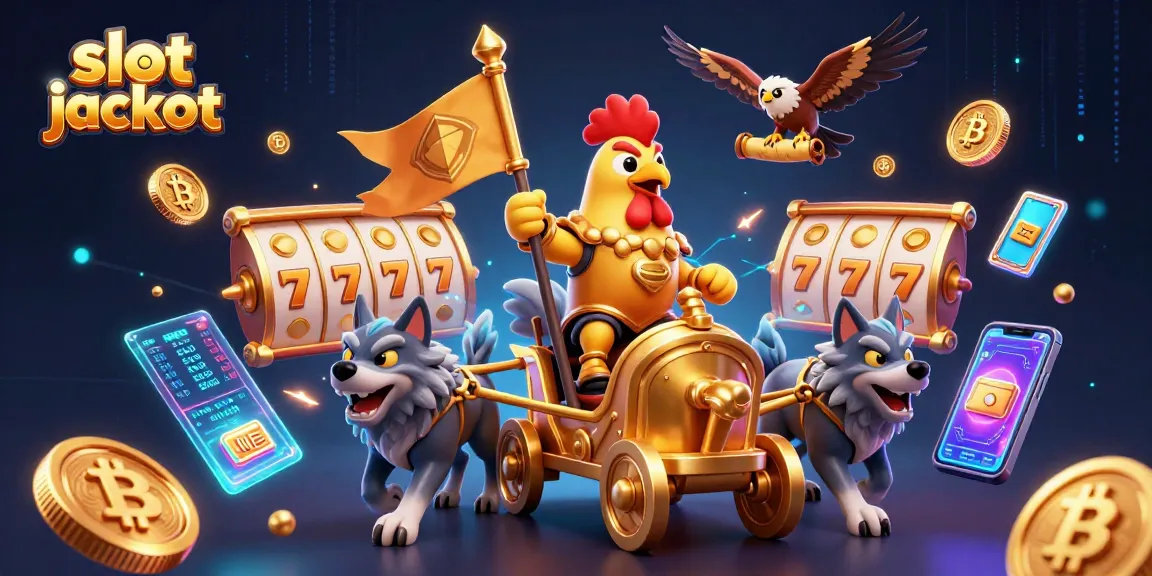 Experience the thrill of a slot jackpot with a dynamic 3D illustration of a rooster warlord in a golden chariot amidst glowing cryptocurrencies.