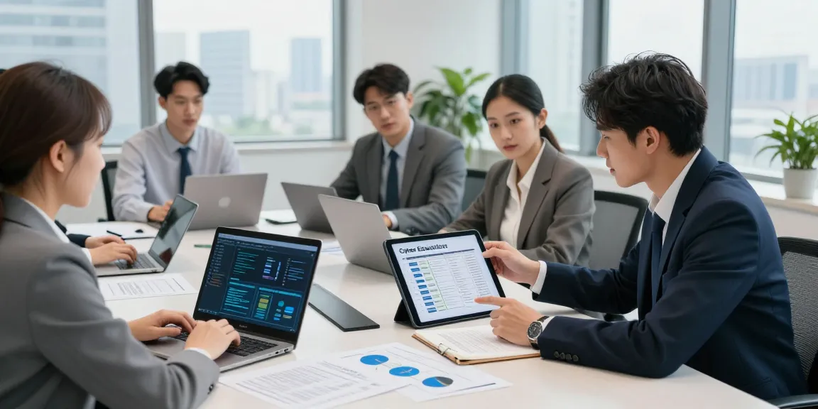 Team discussing a cyber essentials checklist in a modern office setting during a cybersecurity consultation.