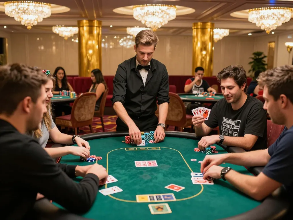 Players at a casino poker table experiencing the thrill of gameplay at 789, showcasing chips and cards.