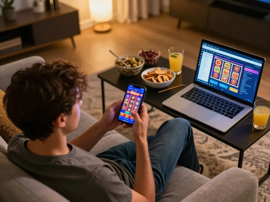 Engaging in slot depo 2k gameplay on a smartphone in a cozy home setting