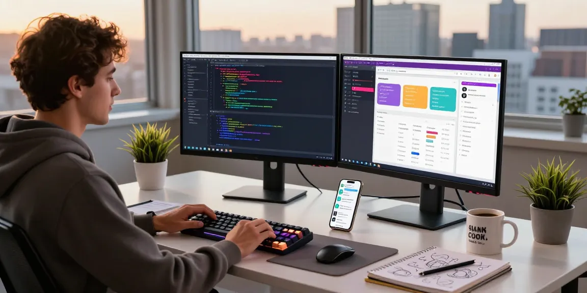 Developer working on openclawd software in a vibrant tech workspace with dual monitors and modern design.
