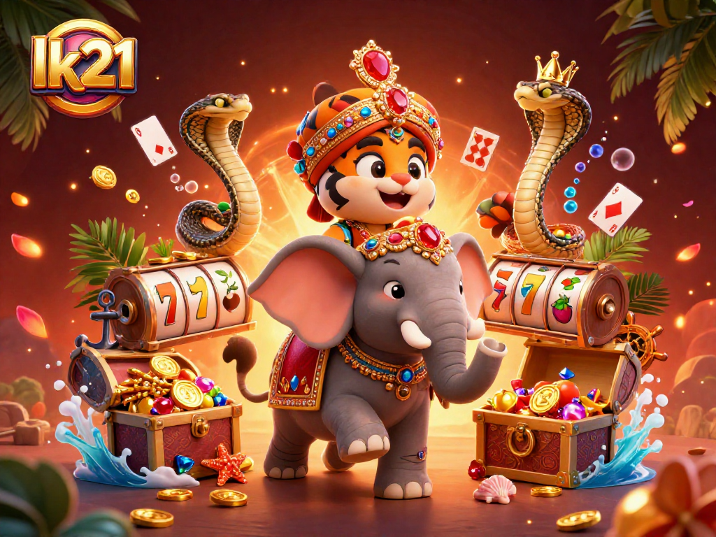 Win big with lk21 in this vibrant 3D casino scene featuring slot machines and dynamic characters.