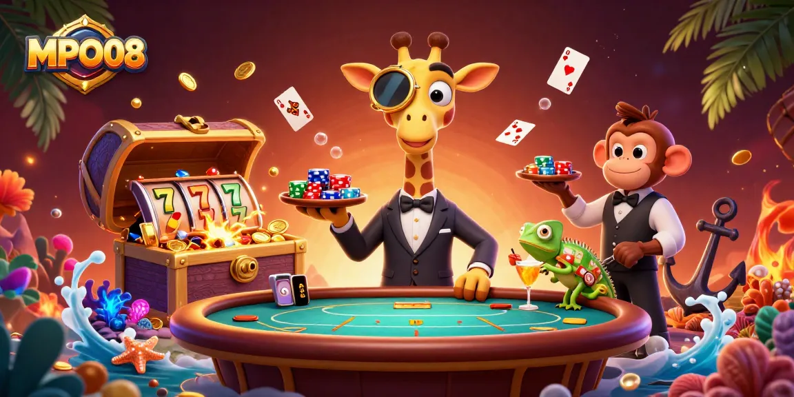 MPO08 slots with a playful giraffe and monkey at a casino scene, showcasing vibrant gaming elements.
