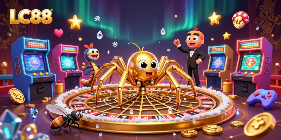 Place bets at LC88's roulette wheel with a golden spider and a centipede croupier in a dynamic casino scene.