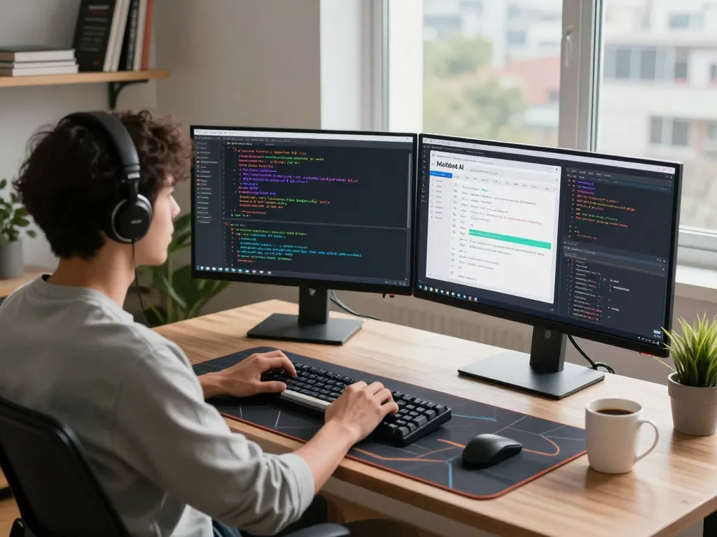 Moltbot AI developer coding in a well-lit home office with multi-monitor setup.