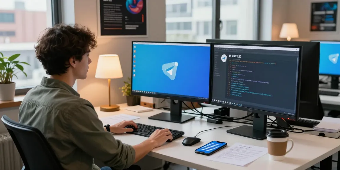 Professional workspace showing a developer coding 纸飞机中文版 on monitors with urban views.