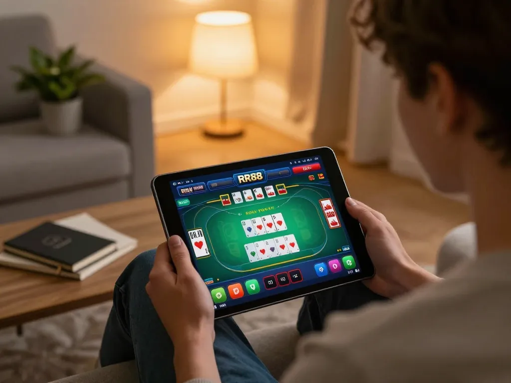 Player interacting with the RR88co app on a tablet, absorbing a dynamic online gaming experience.