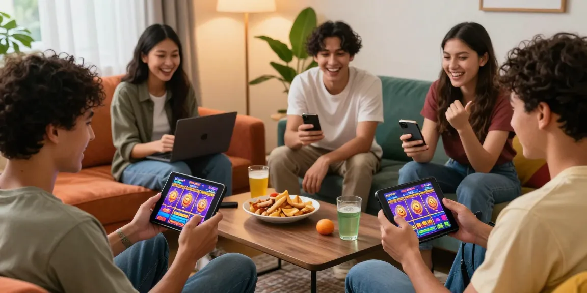 Exciting group enjoying slot dana games on their devices in a cozy living room.