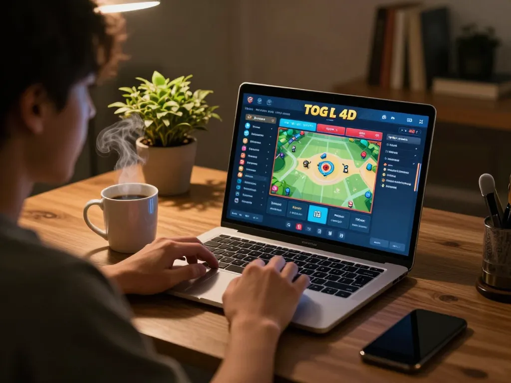 Engaging gameplay of togel 4D on a laptop with warm lighting, showcasing online casino excitement.