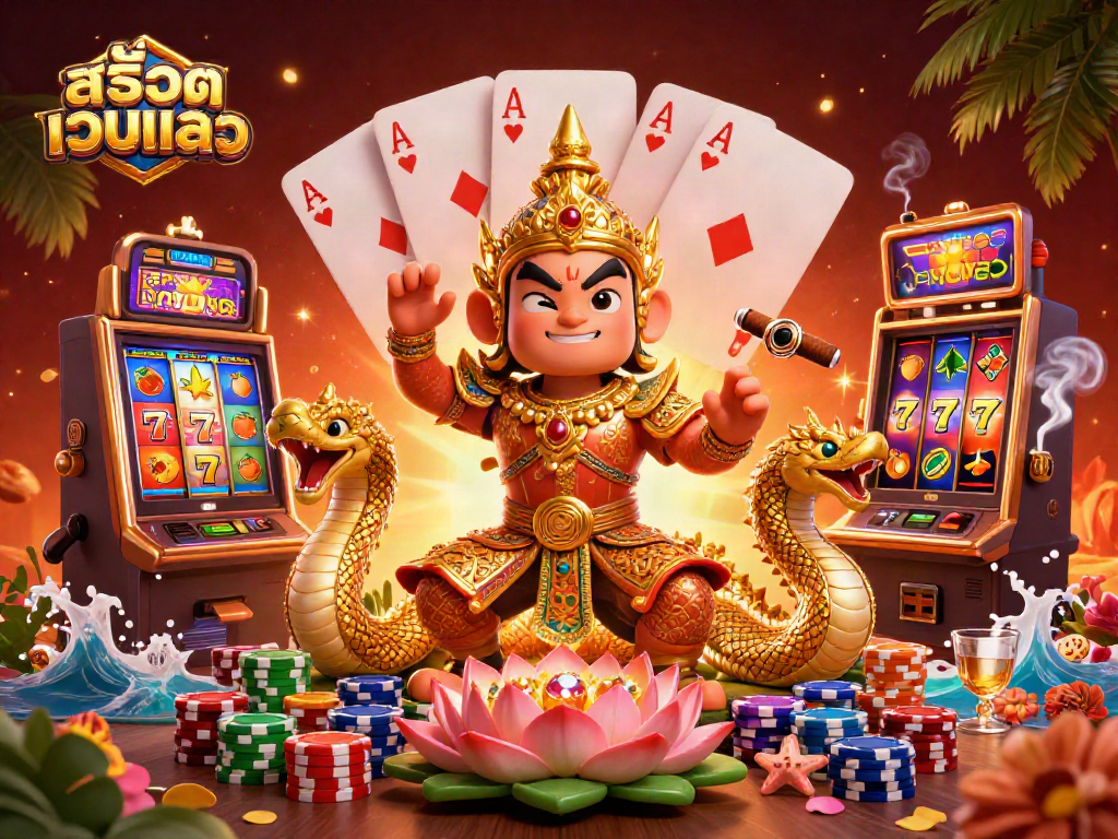 Experience สล็อตเว็บตรง with vibrant 3D illustration of a Thai temple guardian amidst slot machines and poker chips.