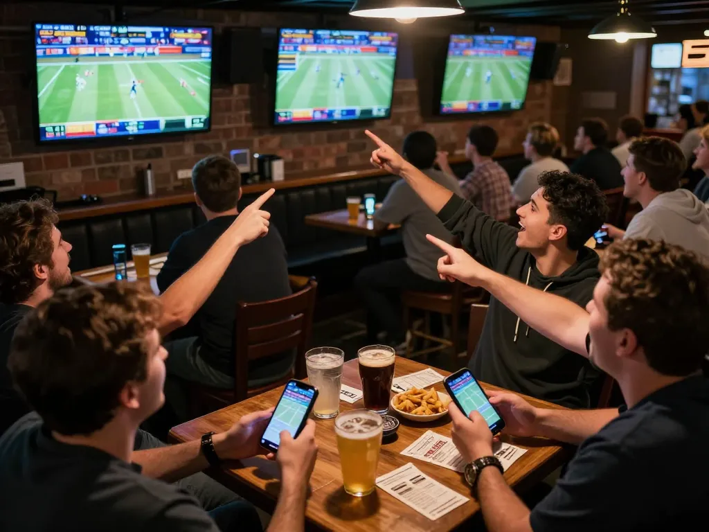 Fans engaging in sports betting at a lively bar, showcasing the thrilling atmosphere of 777x.