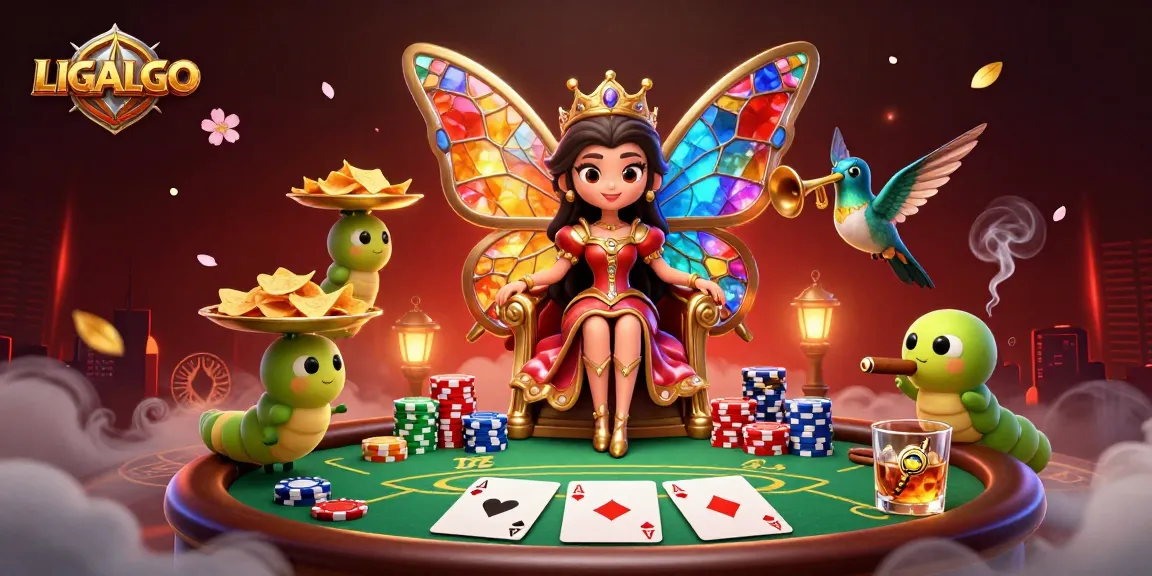 Experience the excitement of LIGALGO with a lavish poker scene featuring a butterfly queen and vibrant game elements.