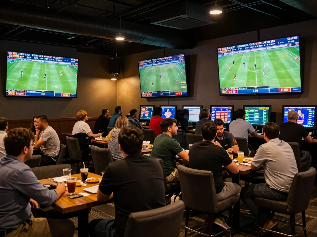 Fans engaging in thrilling sports betting at lounge while tracking odds on screens at link go8