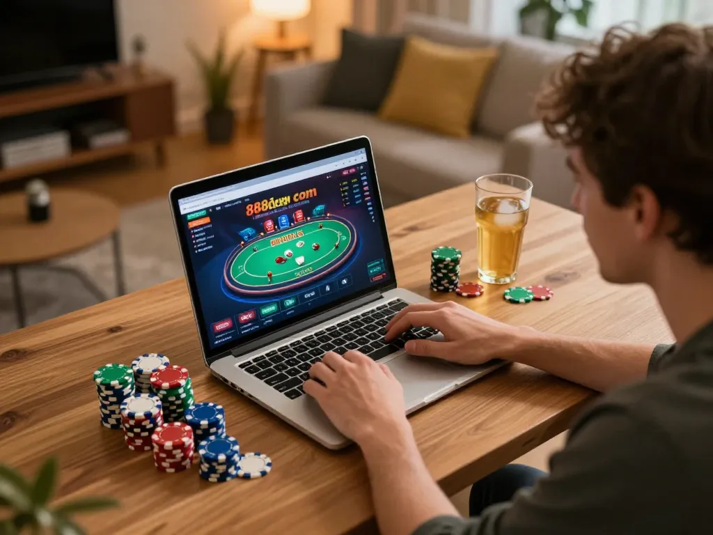 Engaging online poker session on 888new com with lively gameplay and cozy home setting