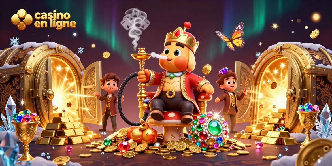Découvrez le casino en ligne à travers une illustration 3D colorée incluant des éléments de jeu et de richesse.