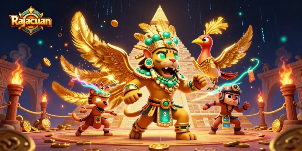 Rajacuan players engage in a vibrant casino scene with Mayan influences and dynamic game elements.